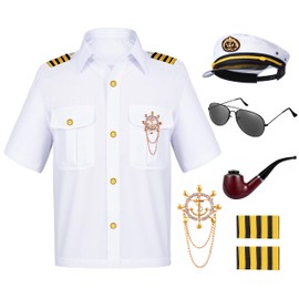 TOGROP Kids Yacht Captain Sailor Costume for boys Shirt Hat Accessories Set Party Cosplay 9-10Years