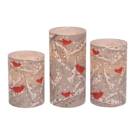 Mark Feldstein & Associates Winter Cardinal Gray and Red Print Glass Flameless Pillar Candles, Set of 3