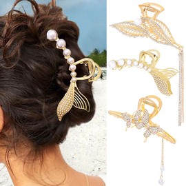 Formery Rhinestone Butterfly Hair Claws Gold Pearl Fishtail Hair Clip Tassel Leaf Accessories for Women (3PCS)