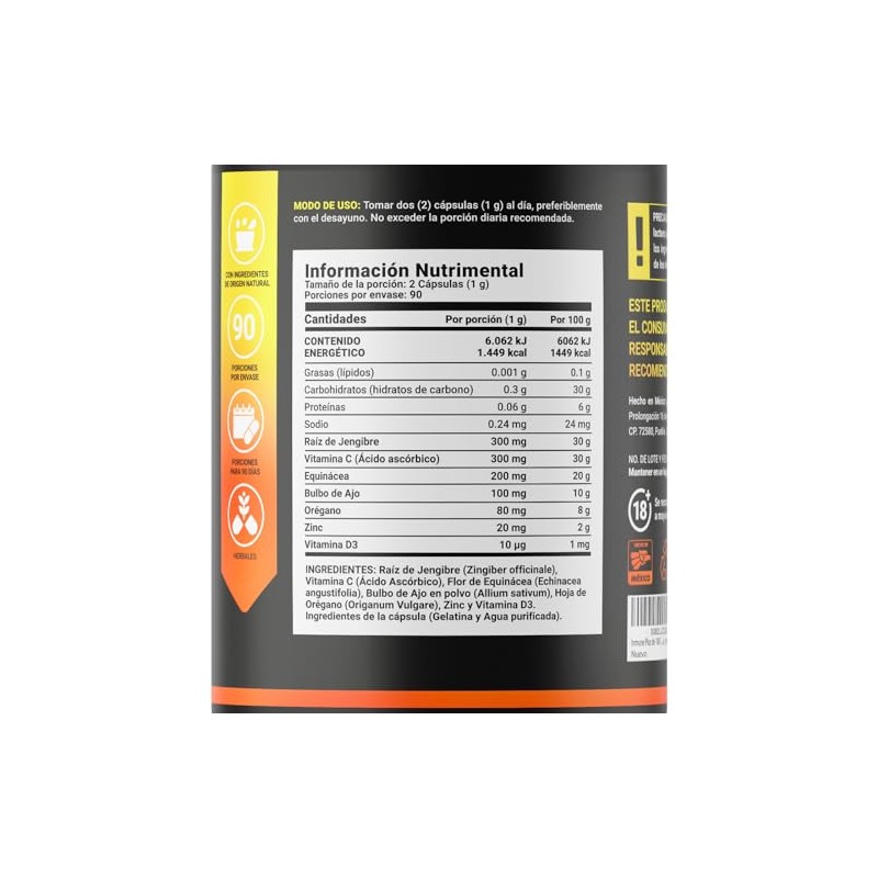 Immun Blend 180 Cápsulas 1000 Por Porción Jengibre Vitamina Zinc