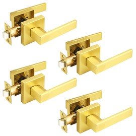 Probrico 4 Pack| Gold Door Handles Passage Door Levers, Heavy Duty Closet and Hall Door Locks Interior Keyless Locksets, Reversible Flat Levers with Square Rosette