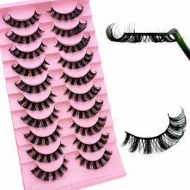10 Pairs of 3D False Eyelashes Russian False Eyelashes Natural Look Curly Cat Eye Lashes D Curl False Eyelashes with Natural Wispy Volume Cat Eye Eyelashes (N28)