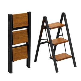 HBTower Step Ladder,Lightweight Aluminum Folding Step Stool with Anti-Slip Wide Pedal,330lbs Capacity Step Ladder for Household,Kitchen,Office - BlackWoodgrain