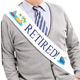 "Retired!" Sash - White Satin Retirement Sash - Retirement Supplies, Gifts, Party, Decorations, Great for Retirement Work Party & Retirement Party.