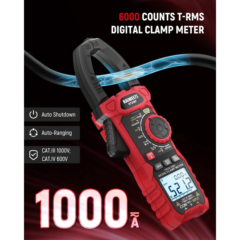 KAIWEETS Inrush Digital Clamp Meter 1000A with Backlit; Multimeter TRMS
