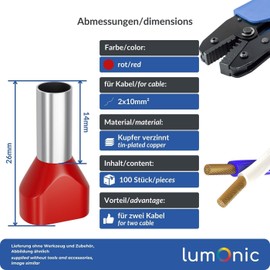 Twin Wire End Ferrules 2 x 10.0 mm2 / 12 mm Red Pack of 100