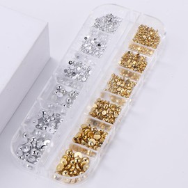 12 Grids/Box Gold Silver Pearls for Nails 3D Half Round Pearl Nail Charms Metal Nail Pearls for Nail Art Supplies Caviar Beads Pearl Charms for Nails Design Flatback Pearl Nail Beads Nail Decorations