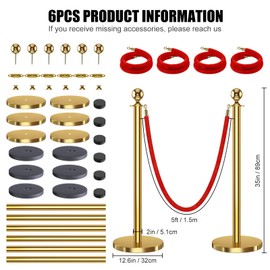 kaiyomi 6Pcs Stanchions with Red Velvet Ropes Set, 5 Feet Velvet Ropes and Posts Poles for Red Carpet Party Decoration and 360° Photo Booth (Golden)