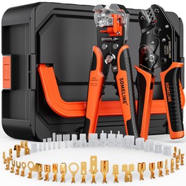 SOMELINE Spade Connector Crimping Tool Kit 24–14 AWG, 40 Types 2.8/4.8/6.3/7.8 mm Quick Disconnect Non-Insulated Connectors and Terminal Housings – Open Barrel Crimping Tool & Automatic Wire Stripper