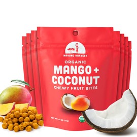Mavuno Harvest Organic Fruit Snacks - Chewy Fruit Bites - Healthy Food for Kids & Adults - Ethically Sourced, Non-GMO, No Preservatives - Mango & Coconut - 1.94-oz. Snack Packs, Pack of 8
