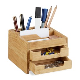Relaxdays Schreibtisch Organizer Bambus, Stiftehalter Holz, Schreibtischbox Schubladen, HxBxT: 9,5 x 12,5 x 15 cm, natur