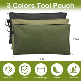 DENGXINWEI 3 Pack Tool Bag, Premium Tool Pouch Canvas Bag with Metal Zipper,Multipurpose Storage Organizer Too Pouch with Carabiner,Heavy Duty Utility Bags,Small Tool Bag for Travel (3 color)
