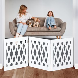 Bundaloo Freestanding Dog Gate Expandable Decorative Wooden Fence for Small to Medium Pet Dogs, Barrier for Stairs, Doorways, & Hallways (Hearts N' Diamonds)