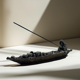 Charon Skull Boat Incense Holder – 11” Marble Dust Gothic Burner – River Styx Myth Decor – Stick Incense Tray