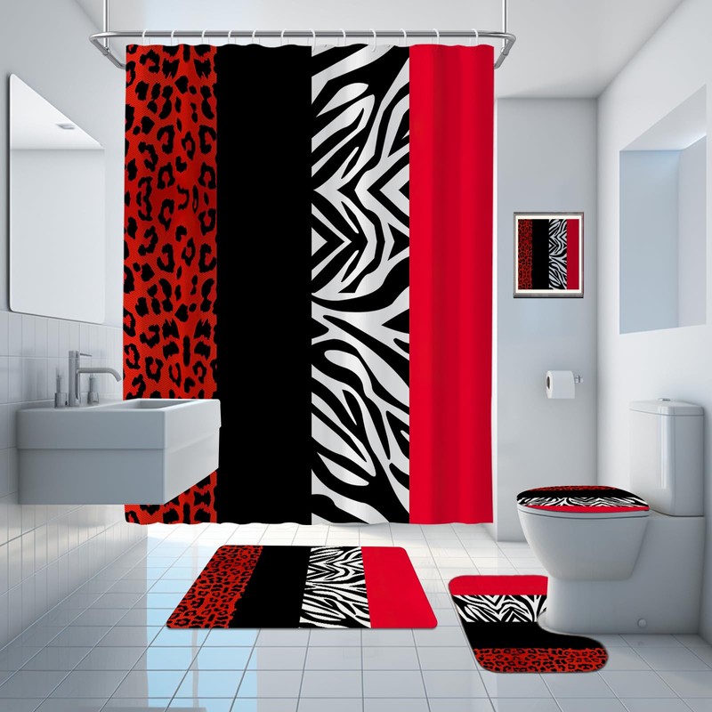 Onalasyc 4Pcs Red Cheetah Shower Curtain,Shower Curtain Sets with Rugs