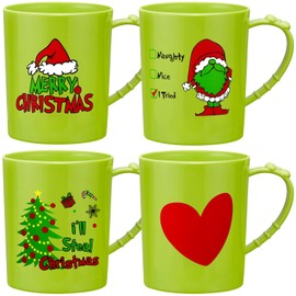 Suclain 4 Pcs Christmas Plastic Mugs Bulk 15 oz Stole Christmas Mugs With Handle Lime Green I'll Steal Christmas Cups Santa Christmas Trees Holiday Mugs for Winter Christmas Party Supplies
