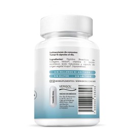 BIO B | Colágeno Hidrolizado Verisol® 90 Cápsulas Veganas + Ácido Hialurónico + Vitamina C | Fortalece Uñas y Cabello. Humectación | Colágeno bovino y porcino tipo 1 y 3