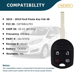 AKS KEYS Replacement for Ford Fiesta Key Fob 4 Buttons That uses FCC CWTWB1U793 and PN 164-R7976 Chip ID 4D 63 (80 bits) HU101-315 MHz Compatible with Ford Fiesta 2015 2016 2017 2018 2019 (2)