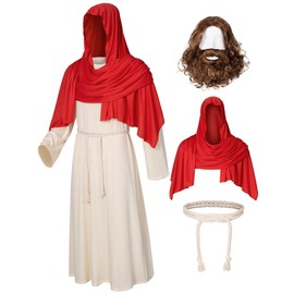 Irtysh Adult Jesus Costume Biblical Religious Robe Saint Shepherd Costume Wig Moustache Scarf Shawl Waist Rope set(Red XL)