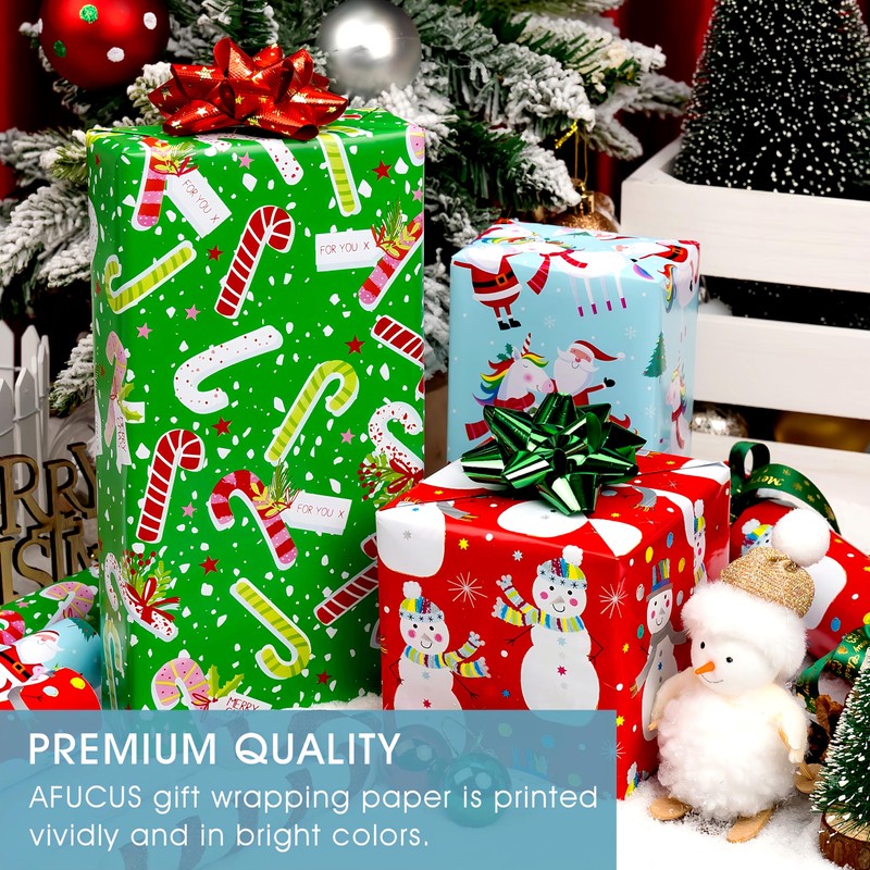 Afucus Christmas Wrapping Paper, Unicorn and Santa Claus, Snowman, Candy