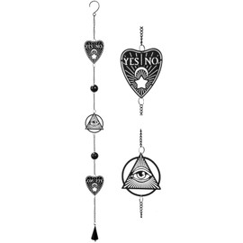 Ebros Ouija Board Planchette and All Seeing Eye of Providence Black Coated Steel Metal Wall Hanging Wind Chime with Beads Home and Patio Decor Wicca Occult Mobile Noisemaker