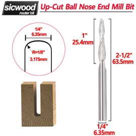 Solide Carbide CNC Ball Nose Router Bit 1/4 Inch Shank, 1/4" Cut Dia, 1" Cutting Length, R1/8", Up-Cut Spiral End Mill Milling Cutters, for CNC Wood Carving/Engraving