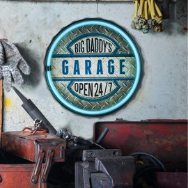 Big Daddy's Garage Open 24/7 LED Neon Rope Sign, LED Light Rope With Neon Like Effect, 12" Round Bottle Cap Shape, Batteries Or Plug-In, Ready To Hang In Home, Bar, Garage, Or Man Cave