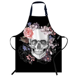 Smooffly Skull Flowers Vintage Rose Floral Apron Chefs Apron, Cooking and Baking Apron for Men and Women, Kitchen Aprons, Butchers Apron, BBQ & Catering Bibs