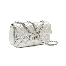 Feversole Crossbody Bag Vegan Leather Women Retro Small Saddle Satchel Shoulder Bag Tote With Long Adjustable Strap Silver Quilted Metal Chain