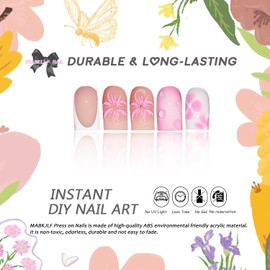 Handmade Press on Nails Medium Square MABKJLF 3D White French Tip Fake Nails Pink Flower False Nails with Floral Designs Handmade Nails Glossy Glue on Nails Acrylic Nails for Women Girls 24 Pcs
