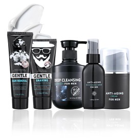 Skin Care Set for Men,Mens Skin Care Kit with Shaving Cream,Hair Removal Cream,Moisturizing Serum,Face Cream,Facial Cleanser, Men's Facial Skincare Gift Set for All Skin Types,5PCS