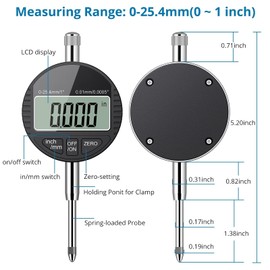 AUTOUTLET Digital Dial Gauge 0.01/0.0005 Inch Digital Dial Gauge Measuring Probe 0-25.4 mm/1 Inch Measuring Range with LCD Display, Digital Indicator Measuring Device Dial Test Indicators for