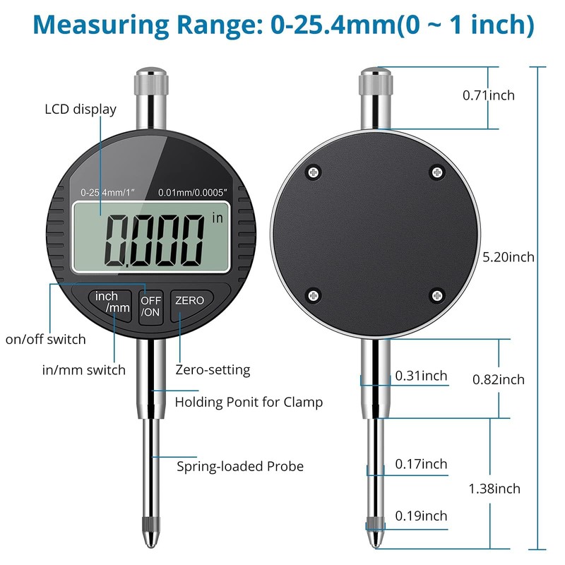 AUTOUTLET Digital Dial Gauge 0.01/0.0005 Inch Digital Dial Gauge Measuring