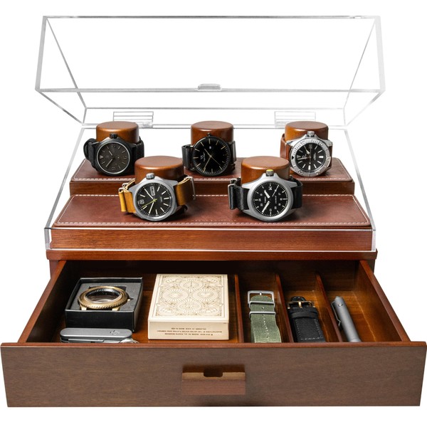 Elevate Your Watch Collection with The Curator Pro – Premium Watch Display Case for 5 Watches – Easy Access, Large Drawer & Leather Lining – Wooden Mens Watch Box & Watch Case – Lifetime Assurance