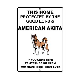 Fastasticdeals American Akita Dog Home Protected by Good Lord and Novelty Metal Sign
