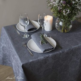 Linen & Cotton Jacquard Tablecloth Table Linen Roseus Damask Pattern - 100% Linen, Grey (147 x 220 cm) Festive Square for Home Kitchen Decoration Catering Birthday Wedding
