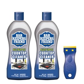 Bar Keepers Friend Cooktop Cleaner (2 x13 oz) + Scraper - Multipurpose Liquid Stovetop Cleanser, Safe for Use on Glass & Ceramic Cooking Surfaces, Copper, Brass, Chrome, Stainless Steel & Porcelain