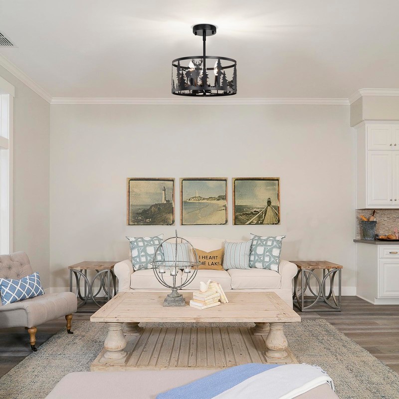 Sunnyin Rustic Semi Flush Mount Ceiling Light,Farmhouse Round Metal Dining