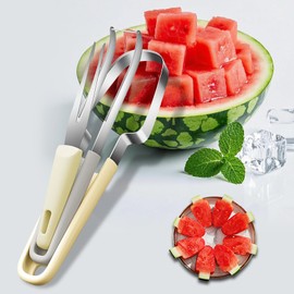 Melon Slicer, 3-in-1, Watermelon Cutter, Stainless Steel, Suitable for Family, Party, Camping (Beige)