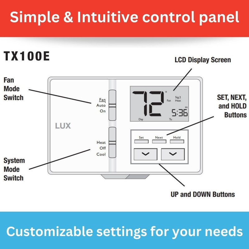 Lux LTX100E Programmable 7 Day Thermostat; 1 Heat, 1 Cool