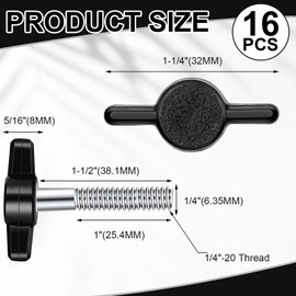 Tandefio 16 Pcs 1/4"-20 x 1-1/2" Stainless Steel Thumb Screw Thread Thumbscrew Adjustable Tee Wing Screw Black Wing Knob Bolt for Remove Replace Hand Clamping Tightening Knob Power Supply