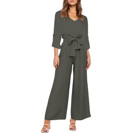 FANCYINN Womens 2 Piece Crop Pants Set V Neck Long Sleeves Tops High Waisted Cropped Paper Bag Pants with Belt Dark Olive Pants & Blouse M