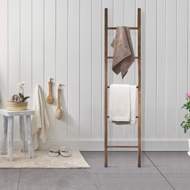 HomeStock Antique Solid Wood Decorative Ladder ? Leaning Blanket Rack with Multiple Tiers for Towels, Throws, and Rustic Home D?cor Display Walnut