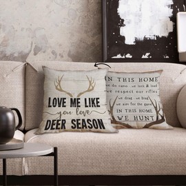 POPOU Hunting Decor, Hunting Decor for Home, Rustic Pillow Covers 18x18, Deer Decor, Gifts for Couples, Wife, Husband, for Him, Love Me Like You Love Deer Season Farmhouse Pillow Covers