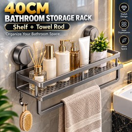 Suction Cup Bathroom Shelf for Shower Storage – 40cm Gray Aluminum Alloy Rack with Hanging Rod for Bathroom Organization