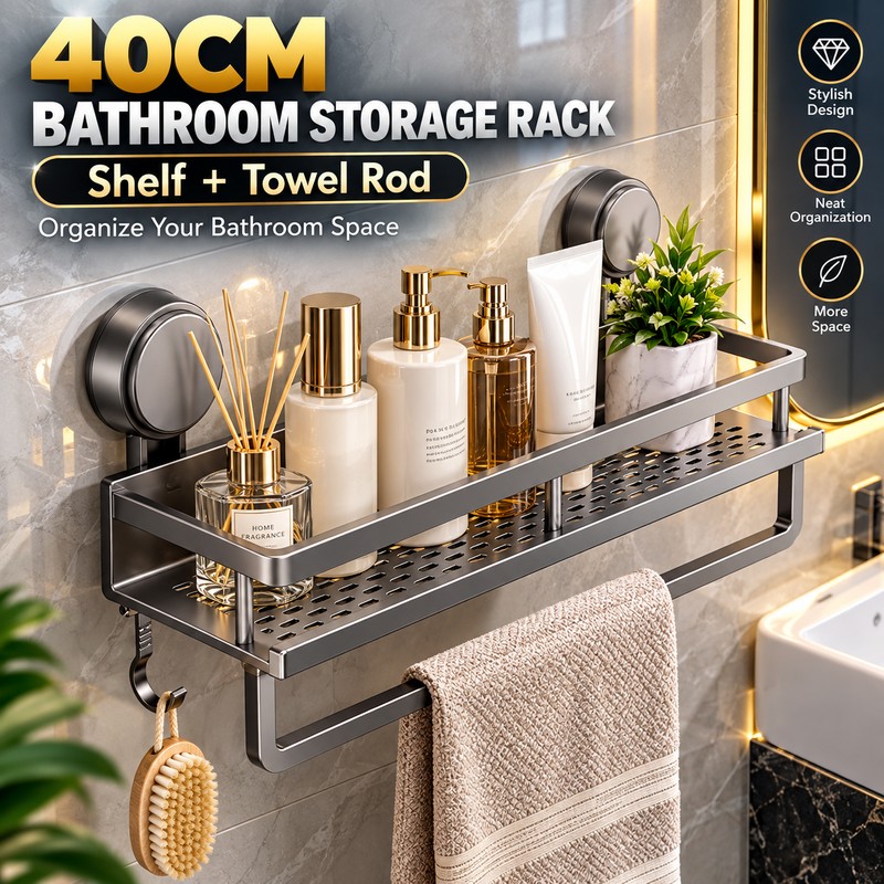 Suction Cup Bathroom Shelf for Shower Storage – 40cm Gray