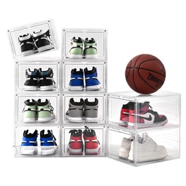 Uni HIMO Drop Front Shoe Box with Clear Door,10 pack Plastic Shoe Boxes Stackable,Thicken & Sturdy Organizer Containers For Sneakers,Fit up to US Size 12(13.4”x 10.6”x 7.5”) (White Clear, 10 Pack)