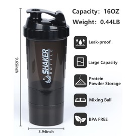VIGIND Protein Shaker Bottle,16 oz Shake Cup for Protein Powder with Storage,Sports Water Bottle,Non Slip 3 Layer Twist Off 3oz Cups with Pill Tray Leak Proof Shake Bottles for Protein Mixes