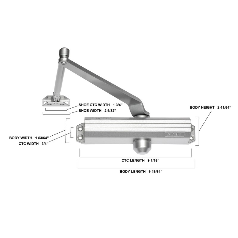 Global Door Controls Compact Commercial Door Closer in Aluminum with