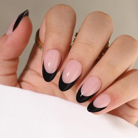 French Tip Press On Nails Almond (Noir) Medium Length Reusable Stick with Glue in 15 Sizes – 32 Soft Gel Fake Nail Kit